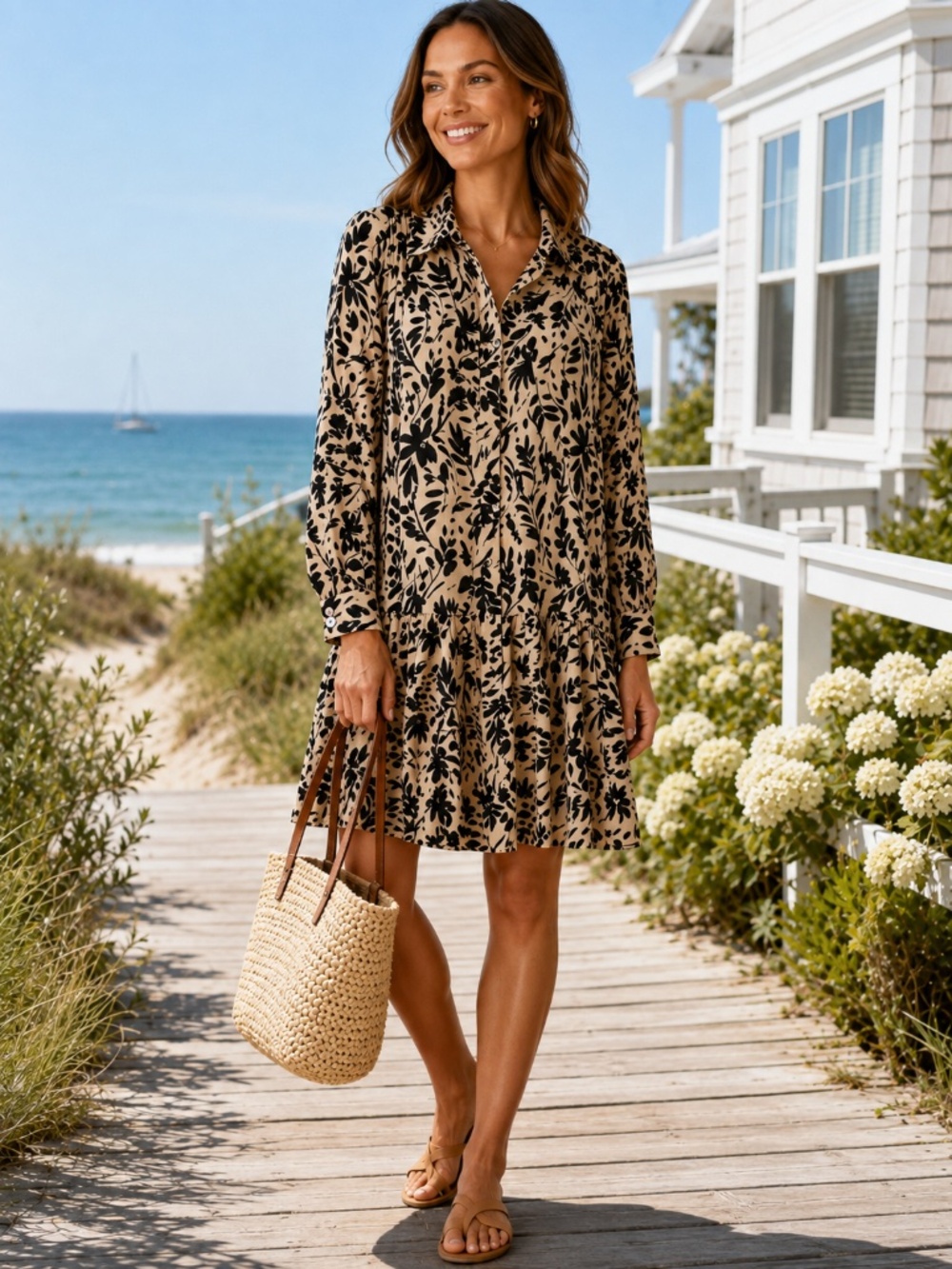 H&M oversized button down dress S tiered balloon sleeves coastal cottage core